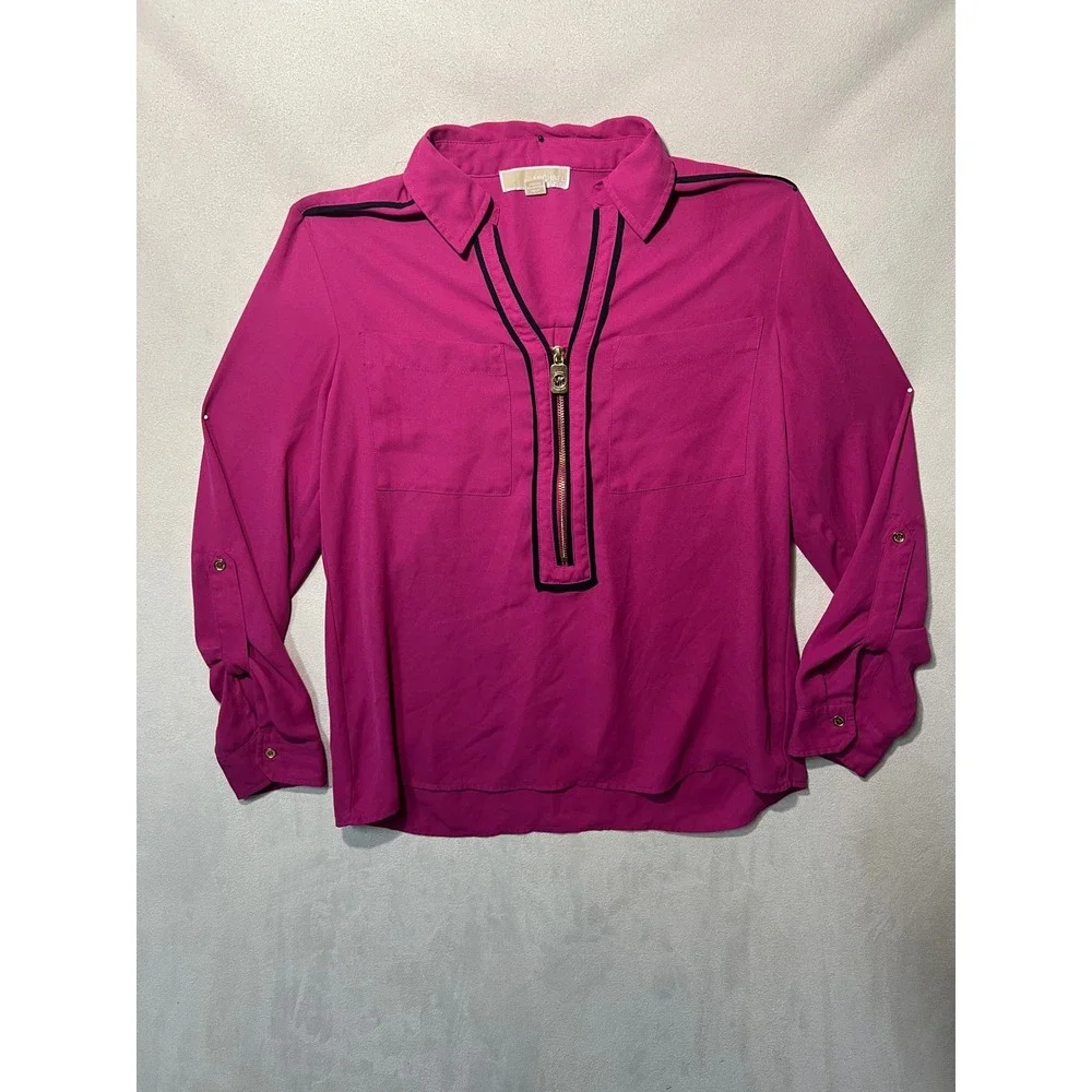 Michael Kors Women Pink Half Zip Roll Tab Sleeve Blouse Top Medium